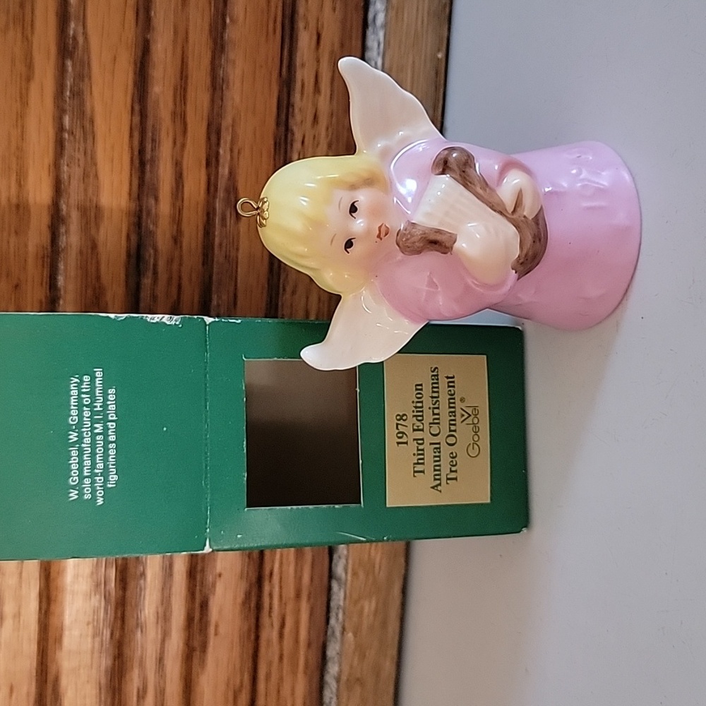 1978 Goebel Pink Angel Playing Harp Bell Christmas Tree Ornament With Box